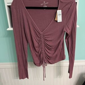 American Eagle Outfitters Soft & Sexy Ruched Long Sleeve Top - Mauve